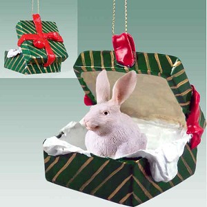 White Rabbit in Green Gift Box Christmas Ornament – Hand-Painted Stone Resin