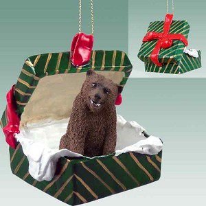 Grizzly Bear in Green Gift Box Christmas Ornament – Hand-Painted Stone Resin