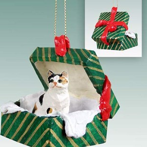 Calico Shorthaired Cat in Green Gift Box Christmas Ornament – Hand-Painted Stone Resin