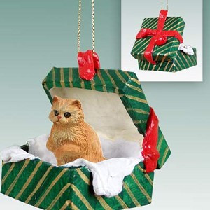 Red Persian Cat in Green Gift Box Christmas Ornament – Hand-Painted Stone Resin