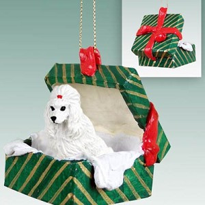 White Poodle Dog in Green Gift Box Christmas Ornament – Hand-Painted Stone Resin