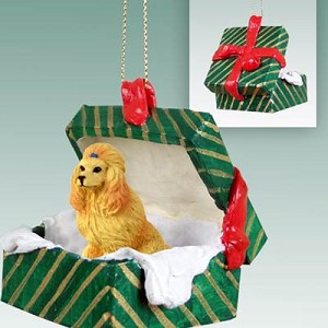 Golden Lion Dog in Green Gift Box Christmas Ornament – Hand-Painted Stone Resin