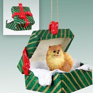 Red Pomeranian Dog in Green Gift Box Christmas Ornament – Hand-Painted Stone Resin