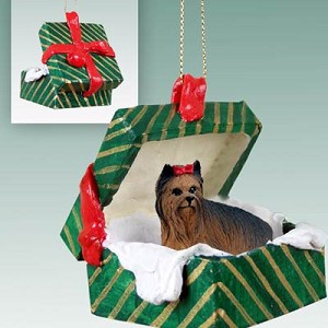 Green Yorkshire Terrier Dog in Green Gift Box Christmas Ornament – Hand-Painted Stone Resin