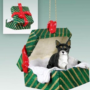 Black & White Chihuahua Dog in Green Gift Box Christmas Ornament – Hand-Painted Stone Resin