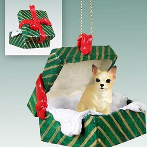 Tan & White Chihuahua Dog in Green Gift Box Christmas Ornament – Hand-Painted Stone Resin