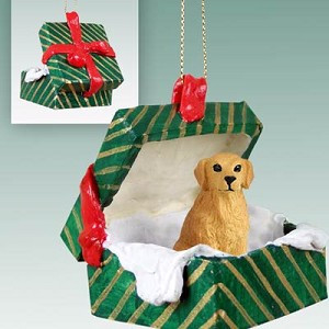 Golden Retriever Dog in Green Gift Box Christmas Ornament – Hand-Painted Stone Resin