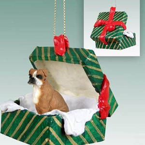 Brown Uncropped Ears Boxer Dog in Green Gift Box Christmas Ornament – Hand-Painted Stone Resin