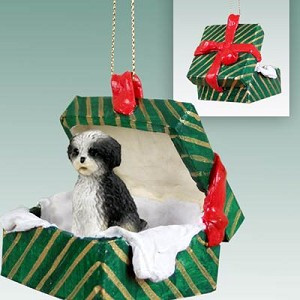 Black & White Sport Cut Shih Tzu Dog in Green Gift Box Christmas Ornament – Hand-Painted Stone Resin