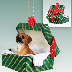 Puggle Dog in Green Gift Box Christmas Ornament – Hand-Painted Stone Resin