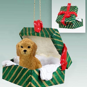 Green Goldendoodle Dog in Green Gift Box Christmas Ornament – Hand-Painted Stone Resin