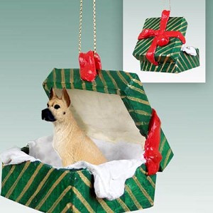 Fawn Great Dane Dog in Green Gift Box Christmas Ornament – Hand-Painted Stone Resin