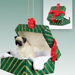 Fawn Pug Dog in Green Gift Box Christmas Ornament – Hand-Painted Stone Resin