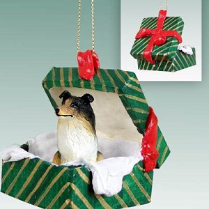 Tricolor Collie Dog in Green Gift Box Christmas Ornament – Hand-Painted Stone Resin