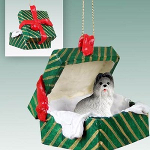 Gray Shih Tzu Dog in Green Gift Box Christmas Ornament – Hand-Painted Stone Resin