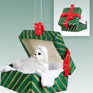 White Shih Tzu Dog in Green Gift Box Christmas Ornament – Hand-Painted Stone Resin