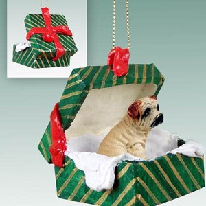 Cream Shar Pei Dog in Green Gift Box Christmas Ornament – Hand-Painted Stone Resin