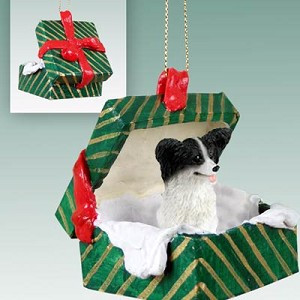 Black & White Papillon Dog in Green Gift Box Christmas Ornament – Hand-Painted Stone Resin