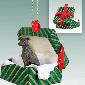 Brindle Greyhound Dog in Green Gift Box Christmas Ornament – Hand-Painted Stone Resin