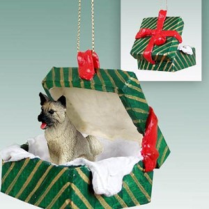Gray Akita Dog in Green Gift Box Christmas Ornament – Hand-Painted Stone Resin