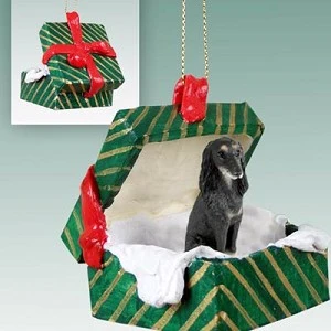 Green Saluki Dog in Green Gift Box Christmas Ornament – Hand-Painted Stone Resin