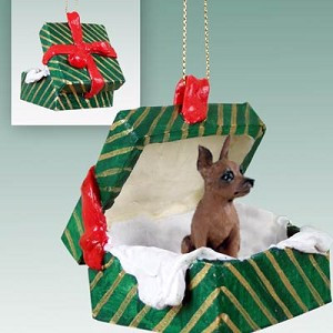 Red & Brown Miniature Pinscher Dog in Green Gift Box Christmas Ornament – Hand-Painted Stone Resin