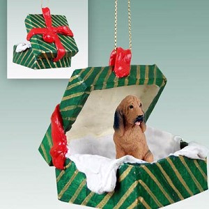 Bloodhound Dog in Green Gift Box Christmas Ornament – Hand-Painted Stone Resin