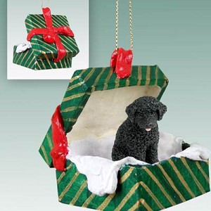 Portuguese Water Dog in Green Gift Box Christmas Ornament – Hand-Painted Stone Resin