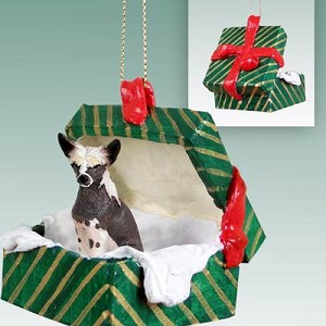 Gift Box Green Chinese Crested Dog in Green Gift Box Christmas Ornament – Hand-Painted Stone Resin