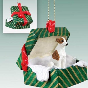 Brindle & White Whippet Dog in Green Gift Box Christmas Ornament – Hand-Painted Stone Resin