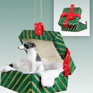Gray & White Whippet Dog in Green Gift Box Christmas Ornament – Hand-Painted Stone Resin
