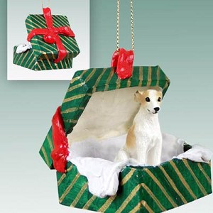 Tan & White Whippet Dog in Green Gift Box Christmas Ornament – Hand-Painted Stone Resin