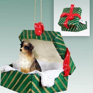 Brown Australian Shepherd Dog in Green Gift Box Christmas Ornament – Hand-Painted Stone Resin
