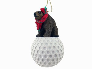 Brown Bear on Golf Ball Christmas Ornament – Hand-Painted Stone Resin