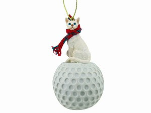 White Oriental Shorthair Cat on Golf Ball Christmas Ornament – Hand-Painted Stone Resin