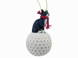 Black & White Chihuahua Dog on Golf Ball Hanging Ornament – Hand-Painted Stone Resin