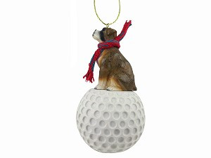 Brindle Uncropped Ears Boxer Dog on Golf Ball Christmas Ornament – Hand-Painted Stone Resin