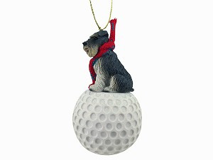 Gray Uncropped Ears Schnauzer Dog on Golf Ball Christmas Ornament – Hand-Painted Stone Resin