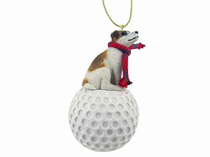 Brown & White Smooth Coat Jack Russell Terrier Dog on Golf Ball Christmas Ornament