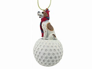 Brown & White Pointer Dog on Golf Ball Hanging Ornament – Hand-Painted Stone Resin