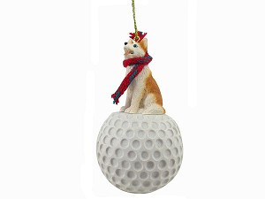 Red & White Blue Eyes Husky Dog on Golf Ball Christmas Ornament – Hand-Painted Stone Resin