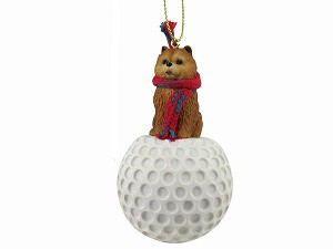 Red Chow Dog on Golf Ball Hanging Ornament – Hand-Painted Stone Resin