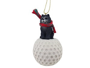 Blue Chow Dog on Golf Ball Christmas Ornament – Hand-Painted Stone Resin