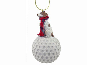 Brown & White Brittany Dog on Golf Ball Christmas Ornament – Hand-Painted Stone Resin