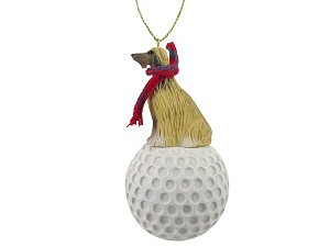 Tan & White Afghan Hound Dog on Golf Ball Christmas Ornament – Hand-Painted Stone Resin