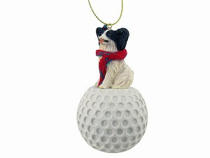 Black & White Papillon Dog on Golf Ball Christmas Ornament – Hand-Painted Stone Resin