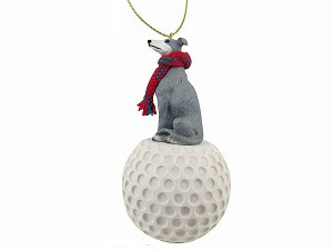 Blue White Greyhound Dog on Golf Ball Christmas Ornament – Hand-Painted Stone Resin