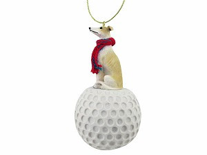 Tan & White Greyhound Dog on Golf Ball Christmas Ornament – Hand-Painted Stone Resin