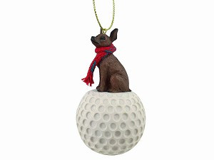 Red & Brown Miniature Pinscher Dog on Golf Ball Hanging Ornament – Hand-Painted Stone Resin