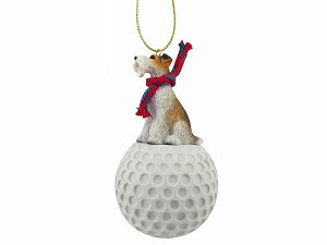 Red Wire Fox Terrier Dog on Golf Ball Hanging Ornament – Hand-Painted Stone Resin